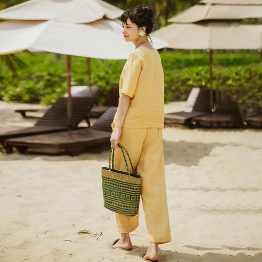 绽放旅行女装高端砂洗亚麻度假旅游穿搭上衣衬衫吊带半裙夏季套装 商品图3
