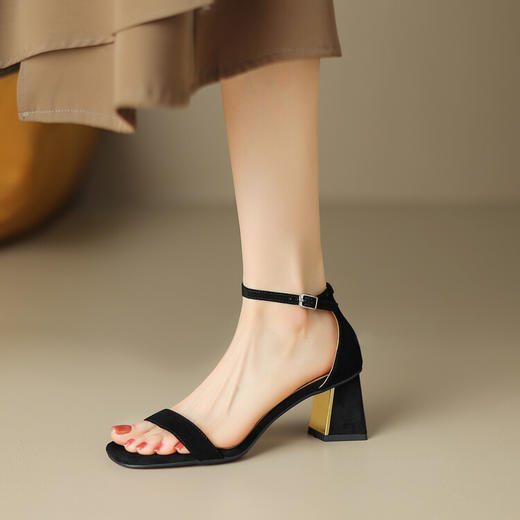 【预售5天】方头露趾牛皮高跟，简约一字扣带粗跟鞋凉鞋HB&Z139 商品图0