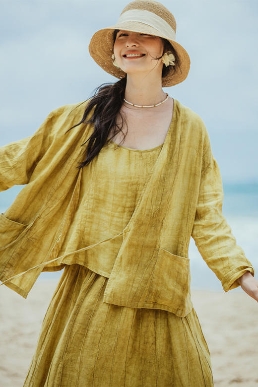 绽放旅行女装高端砂洗亚麻度假旅游穿搭上衣衬衫吊带半裙夏季套装 商品图5