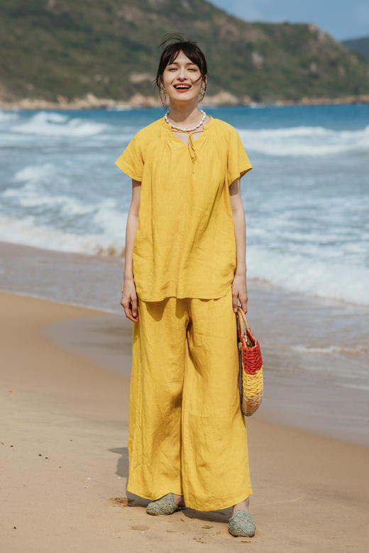 绽放旅行女装332-333朵/金丝雀黄棉麻亚麻女高端上衣休闲长裤套装 商品图5