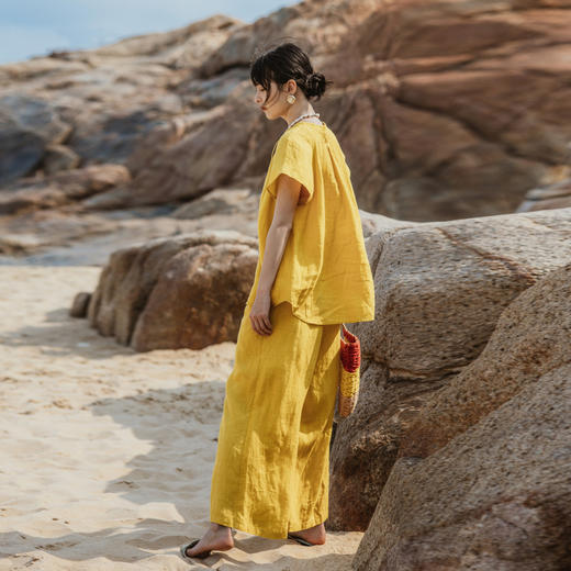 绽放旅行女装332-333朵/金丝雀黄棉麻亚麻女高端上衣休闲长裤套装 商品图2