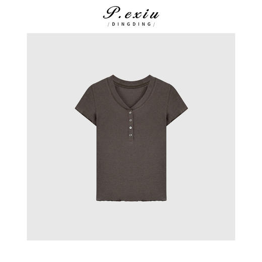03-3潘依绣丁丁宠粉PanYiXiu/潘依绣【黑糖可可】天丝羊毛高级感水滴领短袖T恤 W-61965 商品图1