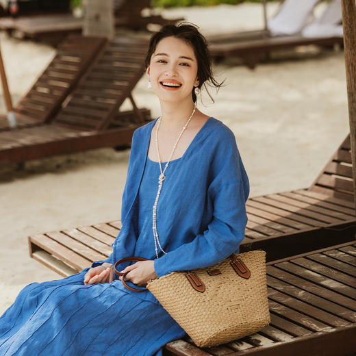 绽放旅行女装高端砂洗亚麻度假旅游穿搭上衣衬衫吊带半裙夏季套装 商品图1
