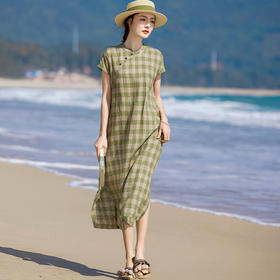 复古格纹色织亚麻，改良旗袍无袖立领连衣裙YM-S460