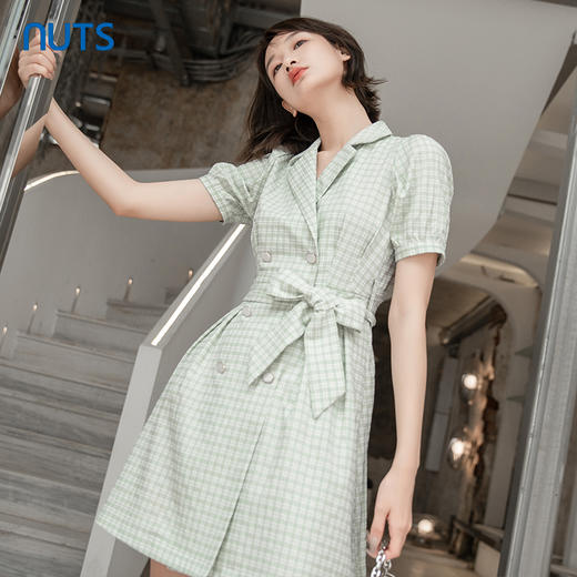 NUTS夏季新品时尚收腰显瘦短袖格子蝴蝶结连衣裙221101239B 商品图1