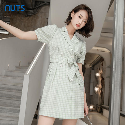NUTS夏季新品时尚收腰显瘦短袖格子蝴蝶结连衣裙221101239B 商品图4