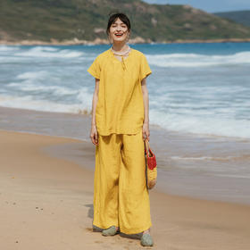 绽放旅行女装332-333朵/金丝雀黄棉麻亚麻女高端上衣休闲长裤套装