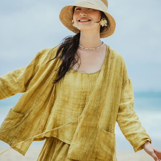绽放旅行女装高端砂洗亚麻度假旅游穿搭上衣衬衫吊带半裙夏季套装 商品图0