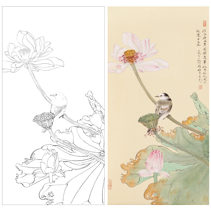 任重工笔画白描底稿荷花《浮香华池图》临摹勾线高清打印稿YL16