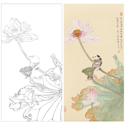 任重工笔画白描底稿荷花《浮香华池图》临摹勾线高清打印稿YL16 商品图0