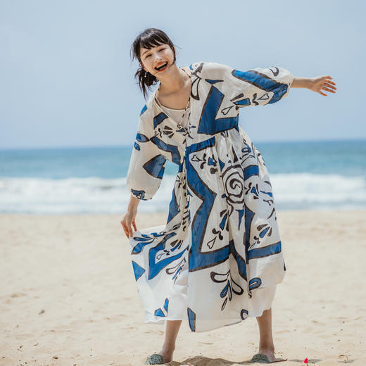 绽放旅行女装312朵/高支苎麻热带手绘印花棉麻度假连衣裙旅游穿搭 商品图0