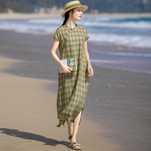 复古格纹色织亚麻，改良旗袍无袖立领连衣裙YM-S460 商品图3