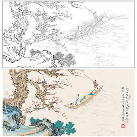 任重工笔画白描底稿小舟《秋水泛舟 》临摹勾线高清打印稿YL23