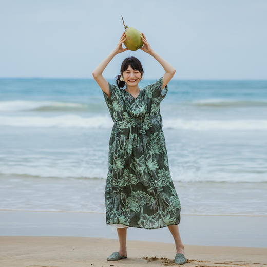 绽放旅行女装319朵/苎麻热带棕榈印花设计感海边旅游度假连衣裙 商品图0