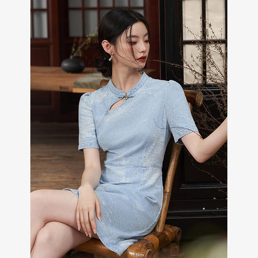 新中式国风旗袍立领提花牛仔连衣裙女夏季正肩收腰连衣裙V1541422 商品图2