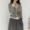 雀说 韩版复古羊毛针织开衫女春秋款宽松外穿V领薄款条纹毛衣外套上衣4ZF-41504 商品缩略图1