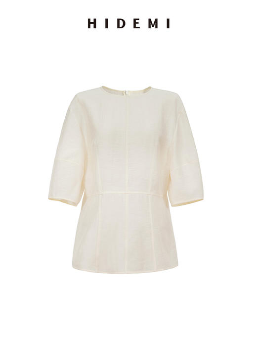 HIDEMI 度假系列微透视艺术肌理感圆领廓形袖中袖收腰套装 奶油白/开心果绿 上衣/半裙 商品图11