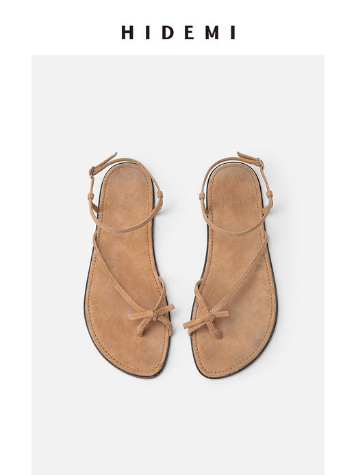 HIDEMI 【董生活同款】度假系列交叉设计感细带平底凉鞋 卡其色麂皮/孔雀蓝缎面 商品图10