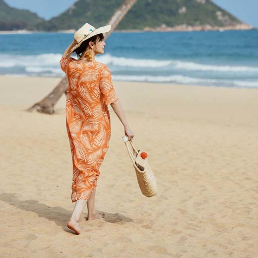 绽放旅行女装331/海边度假连衣裙高端亚麻棕榈叶印花显瘦旅游穿搭 商品图3
