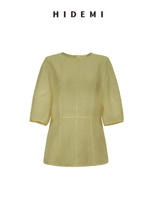 HIDEMI 度假系列微透视艺术肌理感圆领廓形袖中袖收腰套装 奶油白/开心果绿 上衣/半裙 商品图12