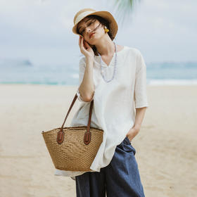绽放旅行女装309/度假防晒罩衫短袖宽松高端汉麻衬衫上衣旅游穿搭