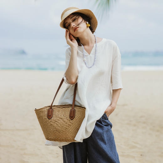 绽放旅行女装309/度假防晒罩衫短袖宽松高端汉麻衬衫上衣旅游穿搭 商品图0