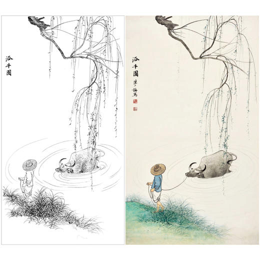 陈少梅工笔画白描底稿《浴牛图》临摹勾线高清打印稿YL20 商品图0