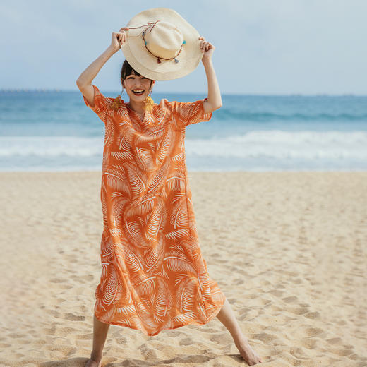 绽放旅行女装331/海边度假连衣裙高端亚麻棕榈叶印花显瘦旅游穿搭 商品图0