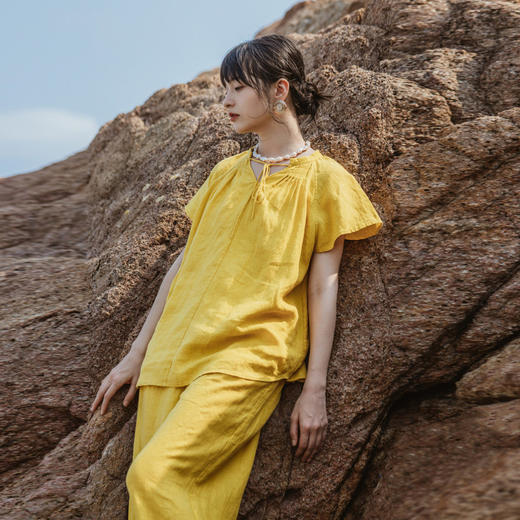 绽放旅行女装332-333朵/金丝雀黄棉麻亚麻女高端上衣休闲长裤套装 商品图1