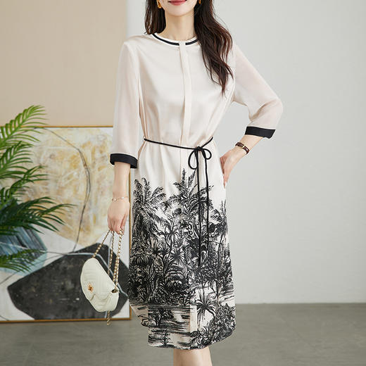 水墨印花真丝连衣裙，新中式米白色气质桑蚕丝长裙HR-MXG8520 商品图1