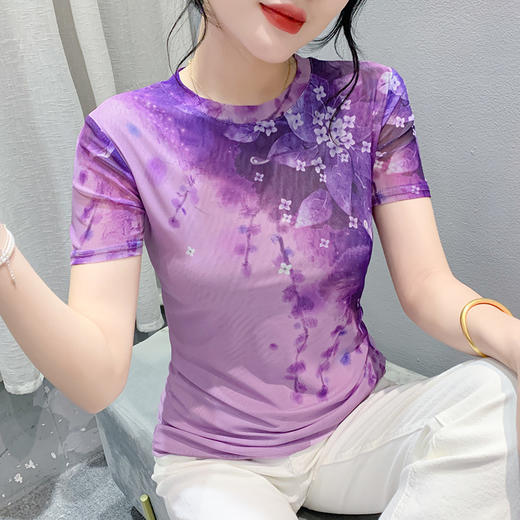 时尚纱网印花定位花显瘦洋气上衣KQL-a55f8152 商品图1