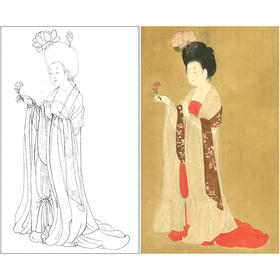 周肪工笔画白描底稿《簪花仕女图局部》临摹勾线高清打印稿YL02