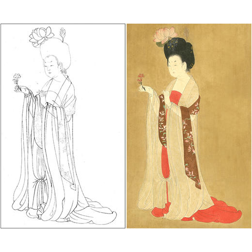 周肪工笔画白描底稿《簪花仕女图局部》临摹勾线高清打印稿YL02 商品图0