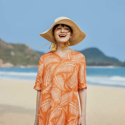 绽放旅行女装331/海边度假连衣裙高端亚麻棕榈叶印花显瘦旅游穿搭 商品图1