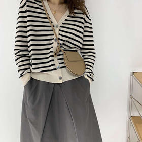 雀说 韩版复古羊毛针织开衫女春秋款宽松外穿V领薄款条纹毛衣外套上衣4ZF-41504