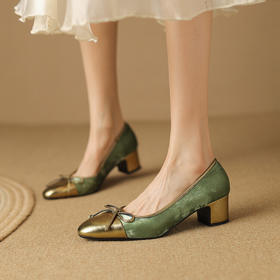【预售5天】通勤绿色国风牛皮鞋，粗跟圆头浅口中跟单鞋YJ&F2057