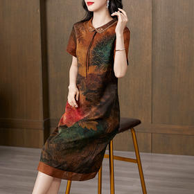 花罗香云纱连衣裙，气质时尚印花桑蚕丝真丝连衣裙KQN-221632