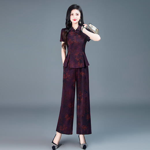 QYMKSY-SHH40-L 夏款POLO领短袖新中式显瘦时尚小衫长款修身通勤阔腿裤印花两件套 商品图0