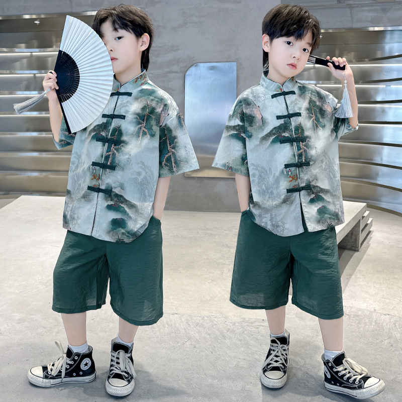 【中国风儿童汉服】童夏季薄款新中式短袖古风汉服 中大男童中国风夏装套装