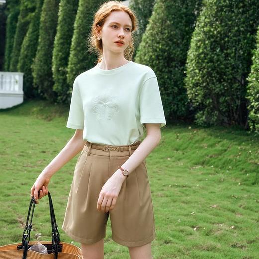 欧芮儿法式杏色短袖爱心刺绣T恤女夏季2024新款圆领气质上衣体恤 商品图3