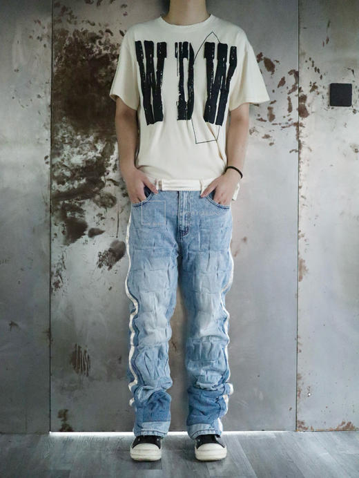 WHO DECIDES WAR｜捏褶丝绸拼接牛仔裤 商品图4