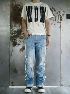 WHO DECIDES WAR｜捏褶丝绸拼接牛仔裤