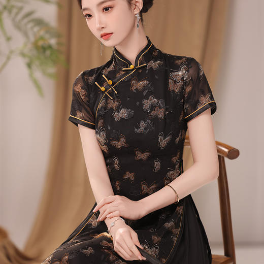 TQX39322新中式改良黑色显瘦优雅奥黛旗袍2024新款夏日常可穿年轻款妈妈装 商品图0