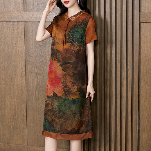 花罗香云纱连衣裙，气质时尚印花桑蚕丝真丝连衣裙KQN-221632 商品图1