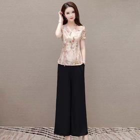 中老年妈妈装气质套装，短袖印花小衫阔腿裤时尚套装QYM-LRX-ZY88310 -Y