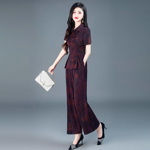 QYMKSY-SHH40-L 夏款POLO领短袖新中式显瘦时尚小衫长款修身通勤阔腿裤印花两件套 商品图1