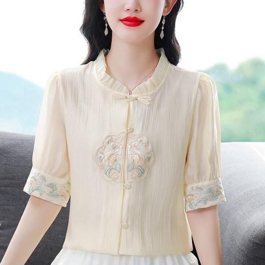 TZW-新中式国风刺绣真丝衬衫女短袖2024夏季上衣新款复古盘扣小衫 商品图5