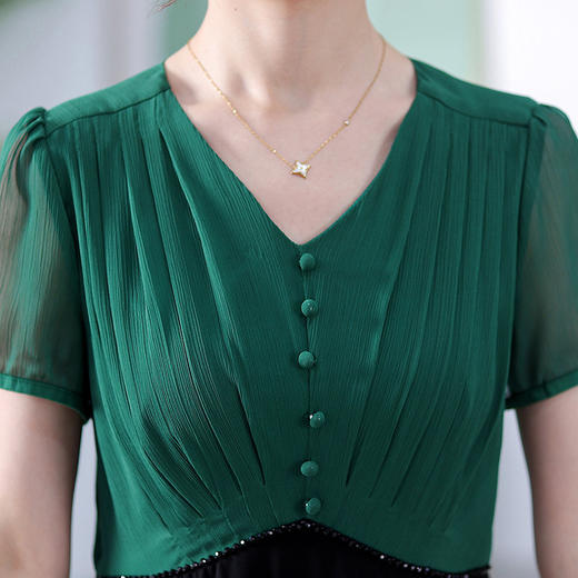 拼色洋气假两件时尚雪纺裙，短袖V领显瘦通勤连衣裙QYM-DFN-A3517-L 商品图3