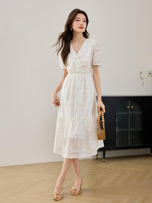 【专属特价】熙世界新中式国风天丝连衣裙高级感2025夏季泡泡袖气质白色裙子 商品图4