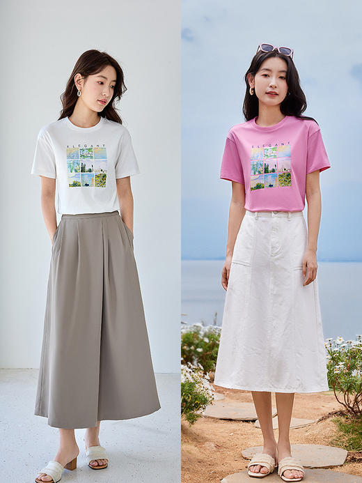 【五折购】莫奈联名熙世界油画印花白色T恤夏天新款百搭短袖凉感上衣 商品图3